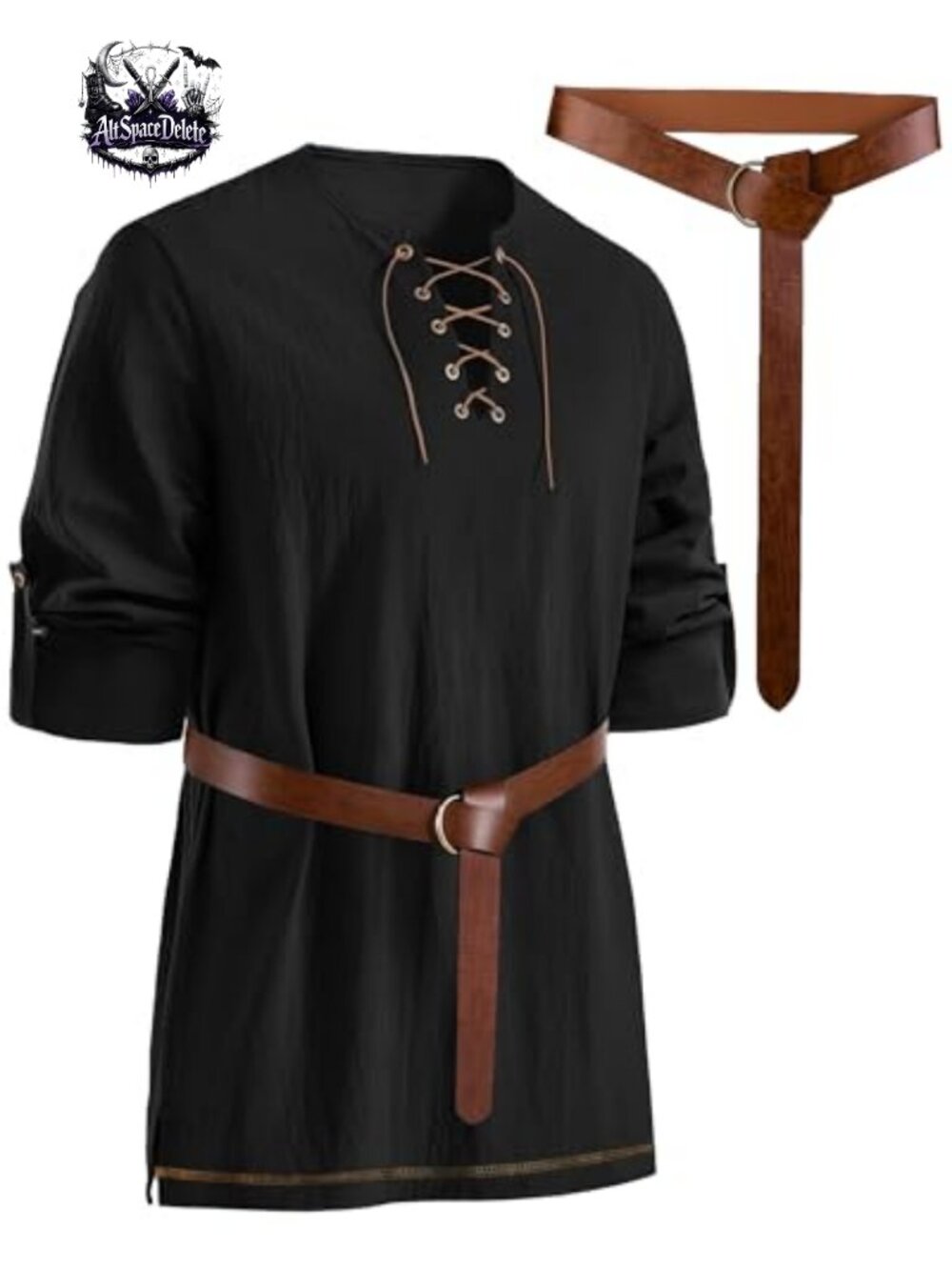Mens Renaissance Pirate Shirt 100% Cotton Lace Up Medieval Costume Top with Belt